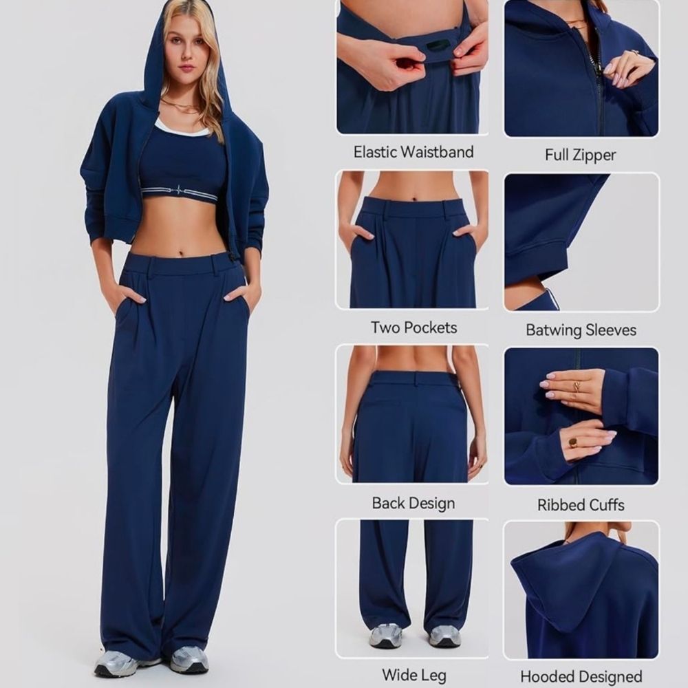 💬🩵🅰️NWT Blue Zipper Crop Hoodie & Wide Leg Pants Large - Picture 15 of 15